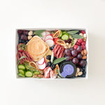 Load image into Gallery viewer, small grazing box with cheese, charcuteries, fruits, vegetables, hummus and creme brulee honey
